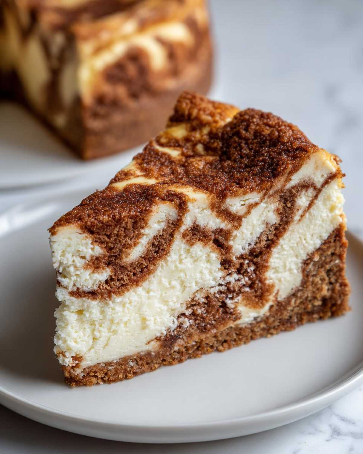 A close-up of a slice of creamy snickerdoodle cheesecake showing beautiful cinnamon swirl patterns.