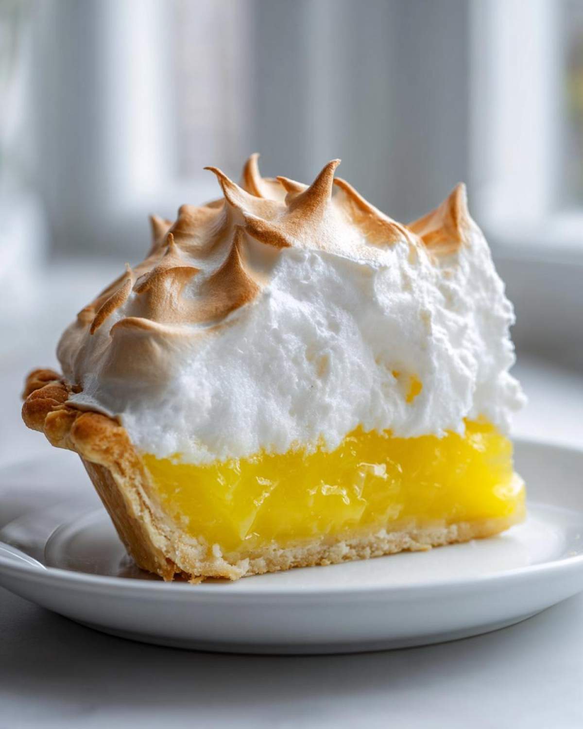 A perfect slice of lemon meringue pie showing bright yellow filling, flaky crust, and tall, toasted meringue peaks.
