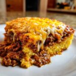 Close-up of a hearty slice of tamale pie showing a cornbread base topped with savory chili and melted cheddar cheese.