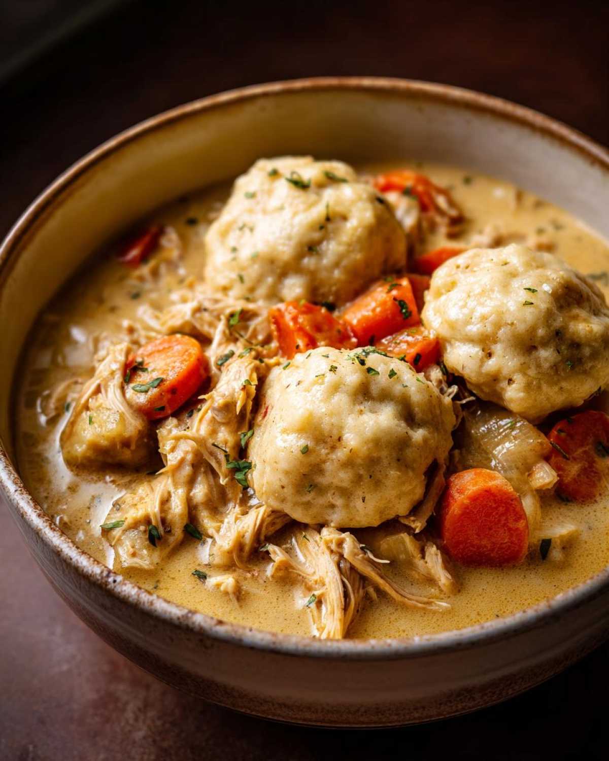 Close-up of a bowl filled with creamy slow cooker chicken and dumplings, featuring shredded chicken, carrots, and herbs.