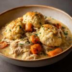 Close-up of rich slow cooker chicken and dumplings with shredded chicken, carrots, and fluffy biscuits in a creamy sauce.