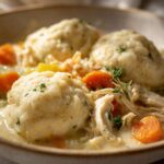 A close-up, appetizing view of creamy slow cooker chicken and dumplings, featuring fluffy dumplings, shredded chicken, and bright carrots.