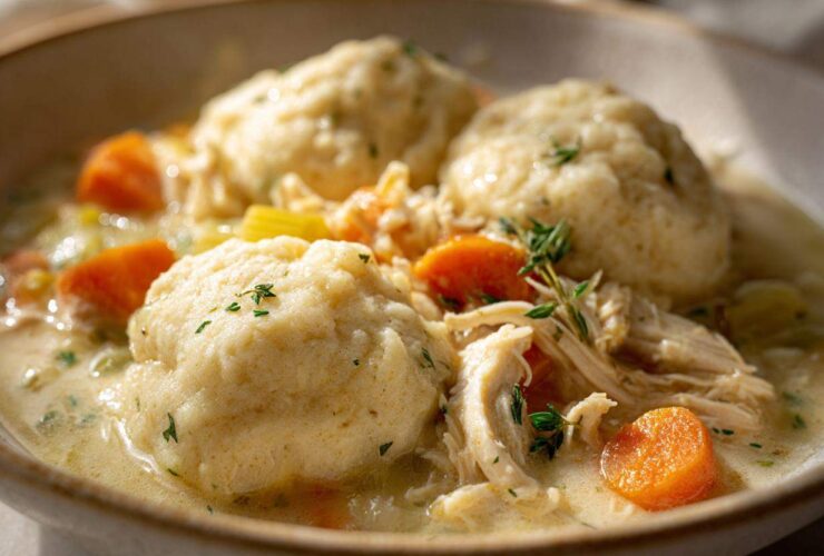 A close-up, appetizing view of creamy slow cooker chicken and dumplings, featuring fluffy dumplings, shredded chicken, and bright carrots.