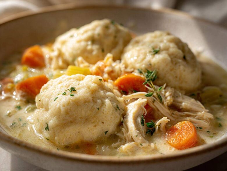 A close-up, appetizing view of creamy slow cooker chicken and dumplings, featuring fluffy dumplings, shredded chicken, and bright carrots.