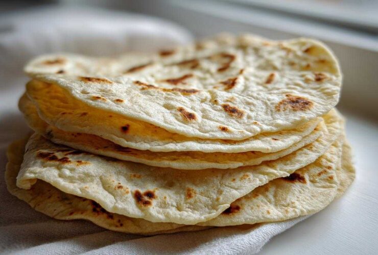 A stack of freshly made, soft corn tortillas with light brown char marks resting on a white cloth.