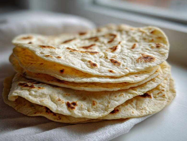 A stack of freshly made, soft corn tortillas with light brown char marks resting on a white cloth.