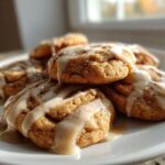 A stack of soft cinnamon applesauce cookies drizzled generously with a light brown glaze, sitting on a white plate.