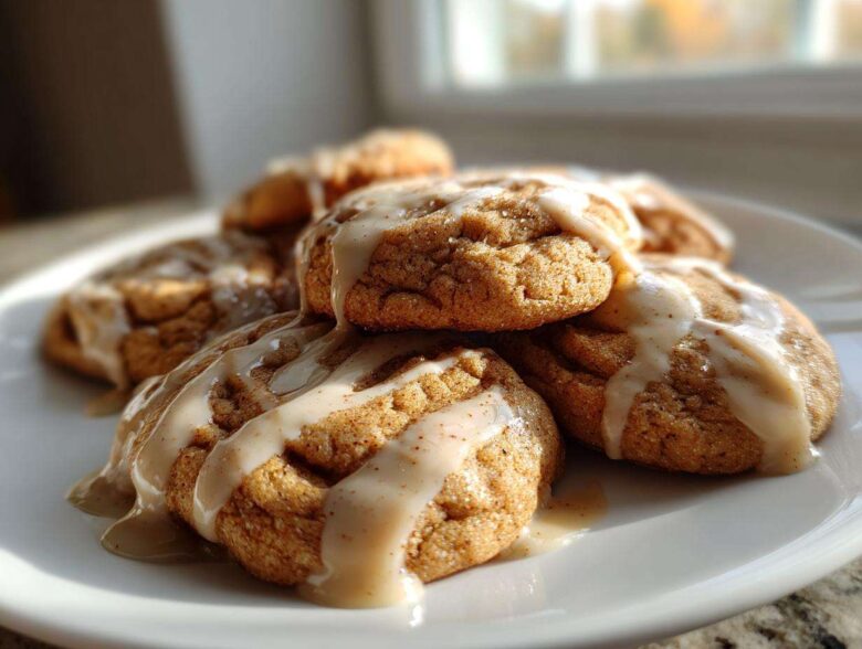 A stack of soft cinnamon applesauce cookies drizzled generously with a light brown glaze, sitting on a white plate.