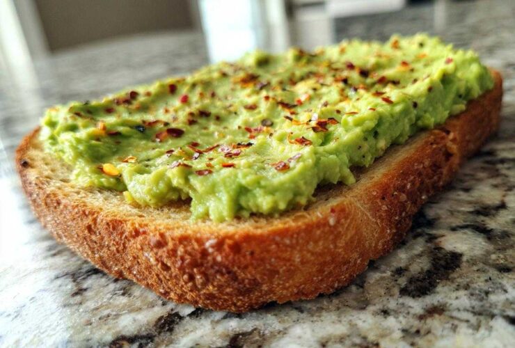 Close-up of creamy avocado toast topped with red pepper flakes, sitting on a granite countertop.