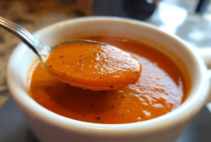 Close-up of a spoonful of thick, orange-red roasted tomato soup being lifted from a white mug.
