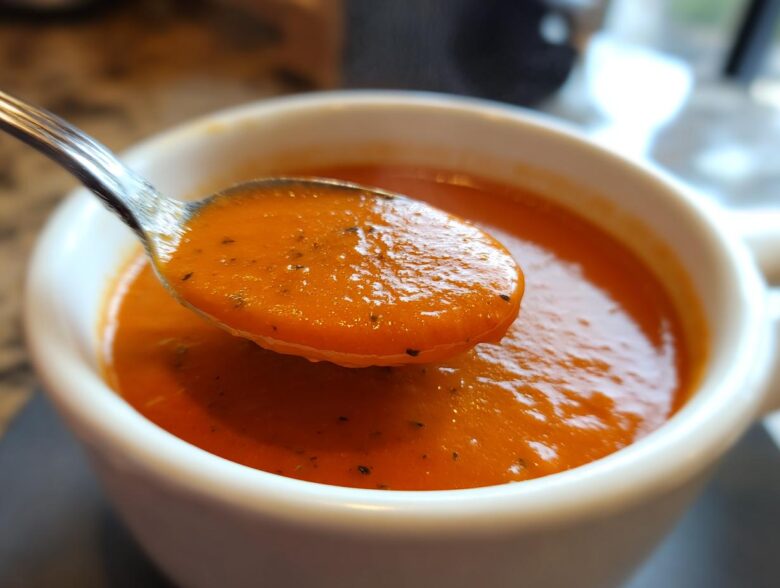 Close-up of a spoonful of thick, orange-red roasted tomato soup being lifted from a white mug.