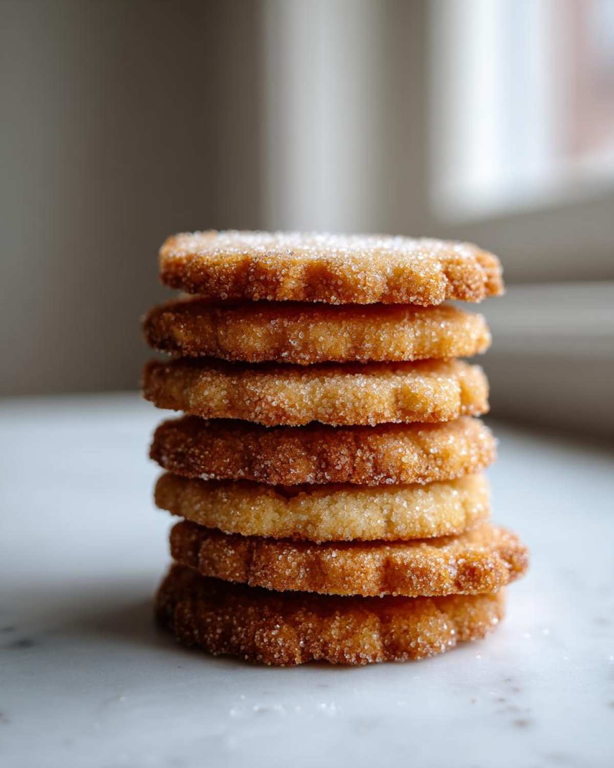 A vertical stack of six perfectly shaped, golden brown sugar cookies coated in sparkling sugar.