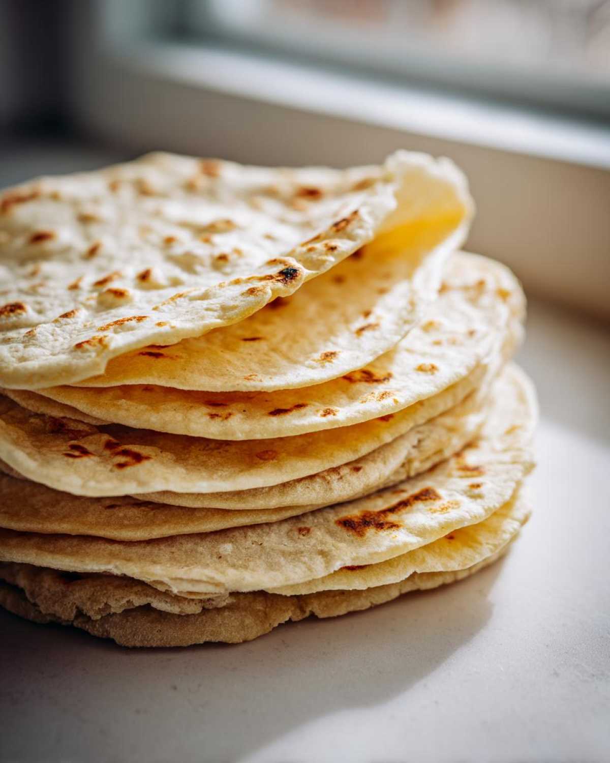 A close-up stack of freshly made, soft corn tortillas with lightly browned spots.