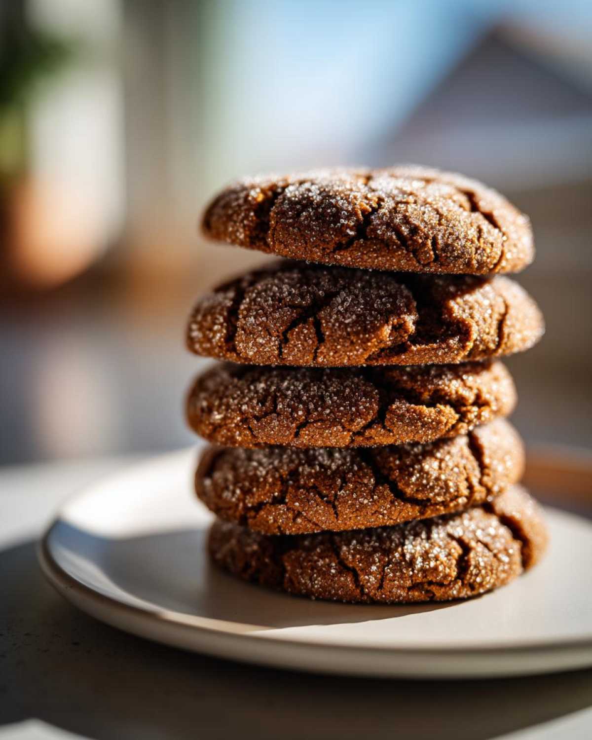 A vertical stack of four dark, crinkled gingersnap cookies coated in sugar, resting on a white plate.