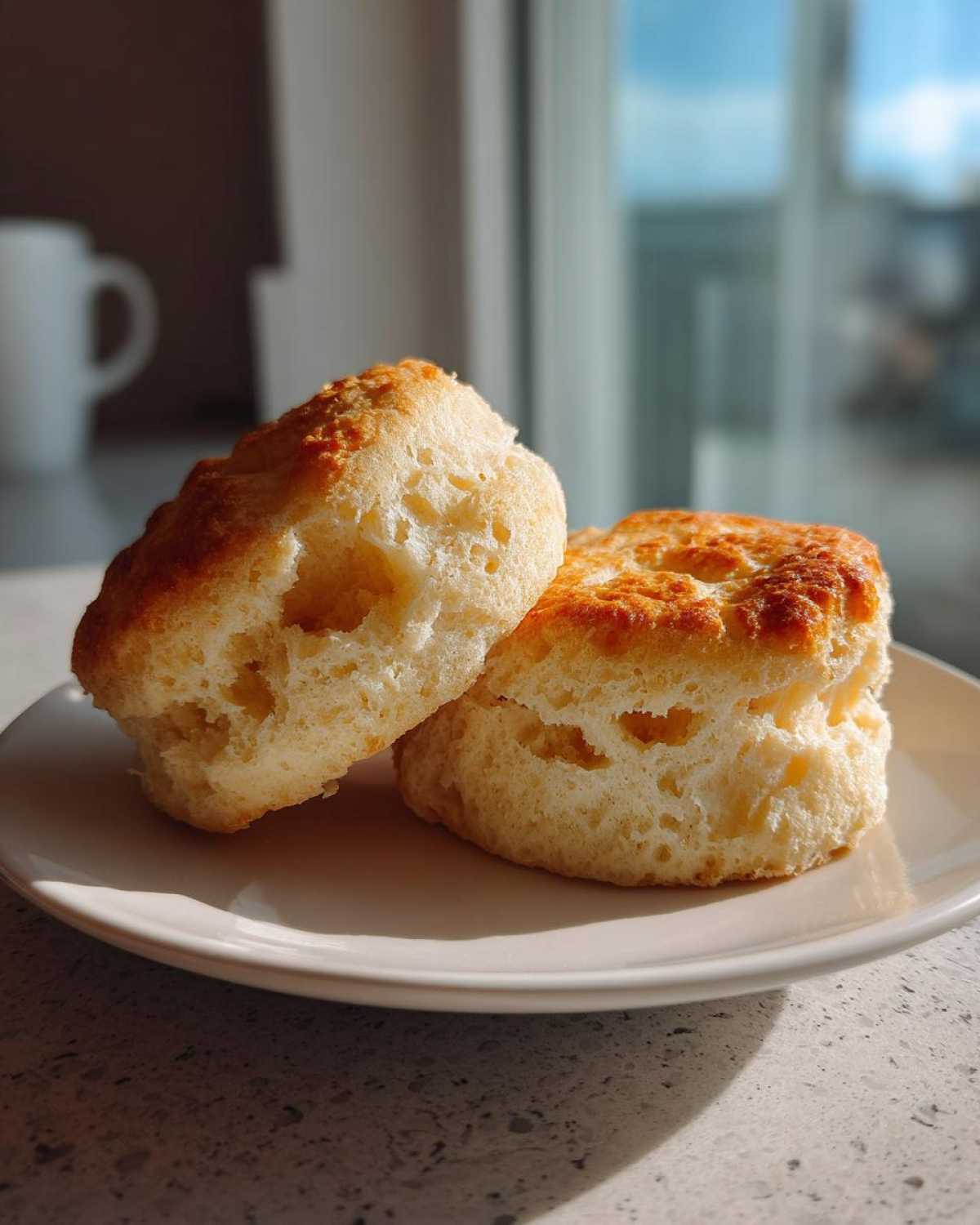 Two golden-brown, fluffy homemade english muffins resting on a small white plate, showing their characteristic open crumb.