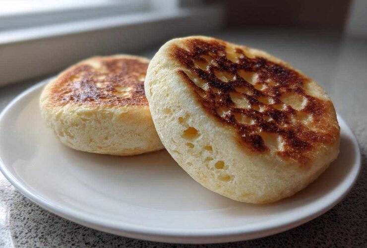 Two golden-brown homemade English muffins showing characteristic holes, resting on a white plate.