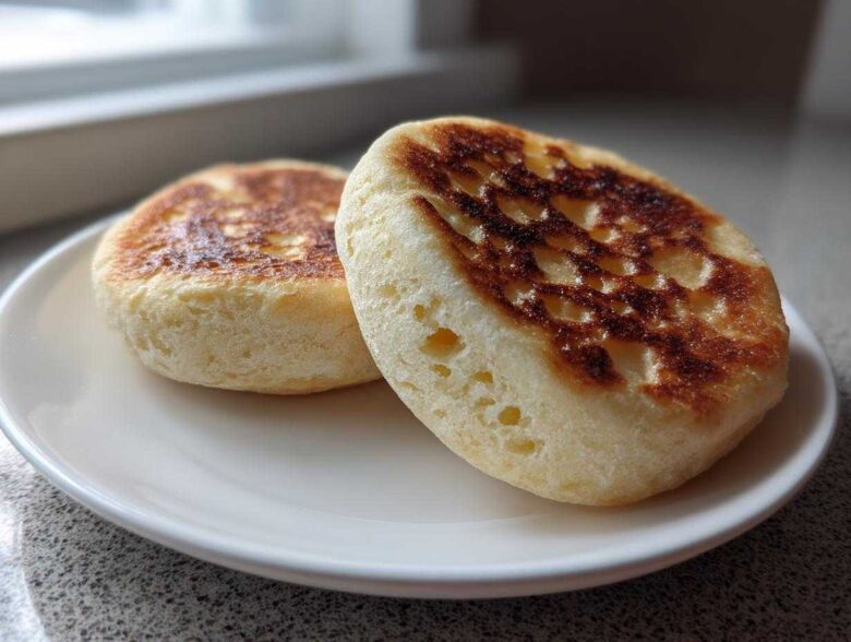 Two golden-brown homemade English muffins showing characteristic holes, resting on a white plate.