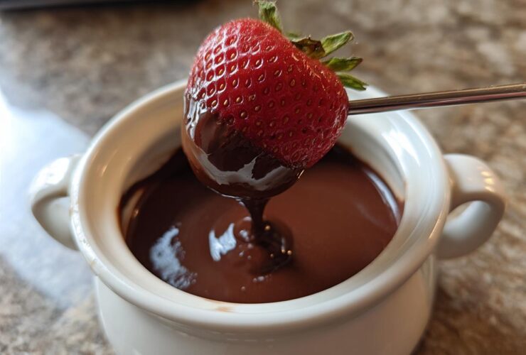 A fresh strawberry being dipped into a small white pot of smooth, melted chocolate fondue.