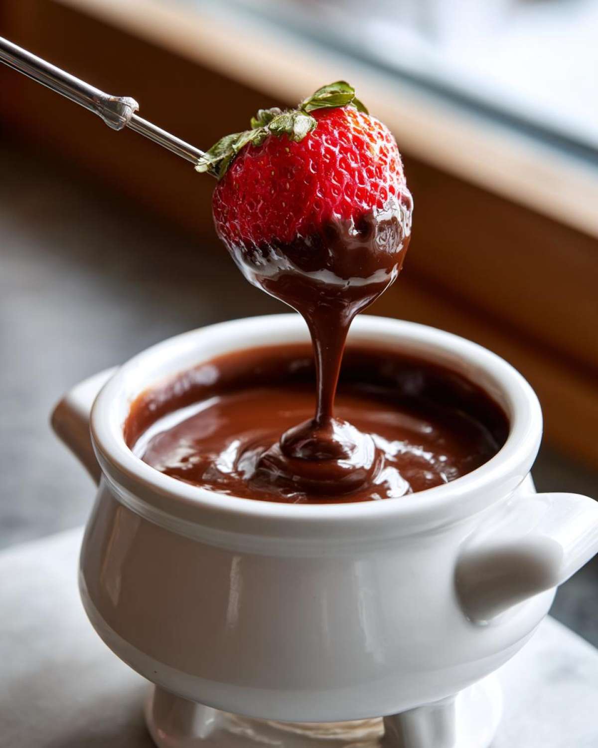 A fresh strawberry being dipped into a pot of smooth, melted chocolate fondue using a fondue fork.