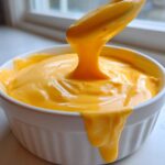 A close-up of thick, bright orange nacho cheese sauce being lifted from a white bowl with a spoon, showing its creamy texture.