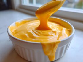 A close-up of thick, bright orange nacho cheese sauce being lifted from a white bowl with a spoon, showing its creamy texture.