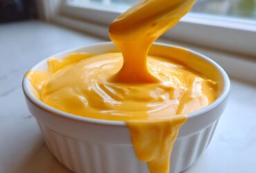 A close-up of thick, bright orange nacho cheese sauce being lifted from a white bowl with a spoon, showing its creamy texture.