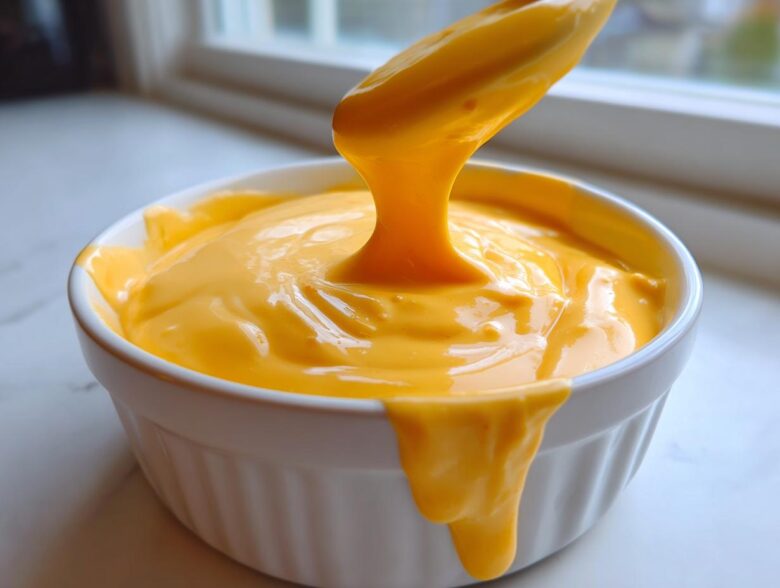 A close-up of thick, bright orange nacho cheese sauce being lifted from a white bowl with a spoon, showing its creamy texture.