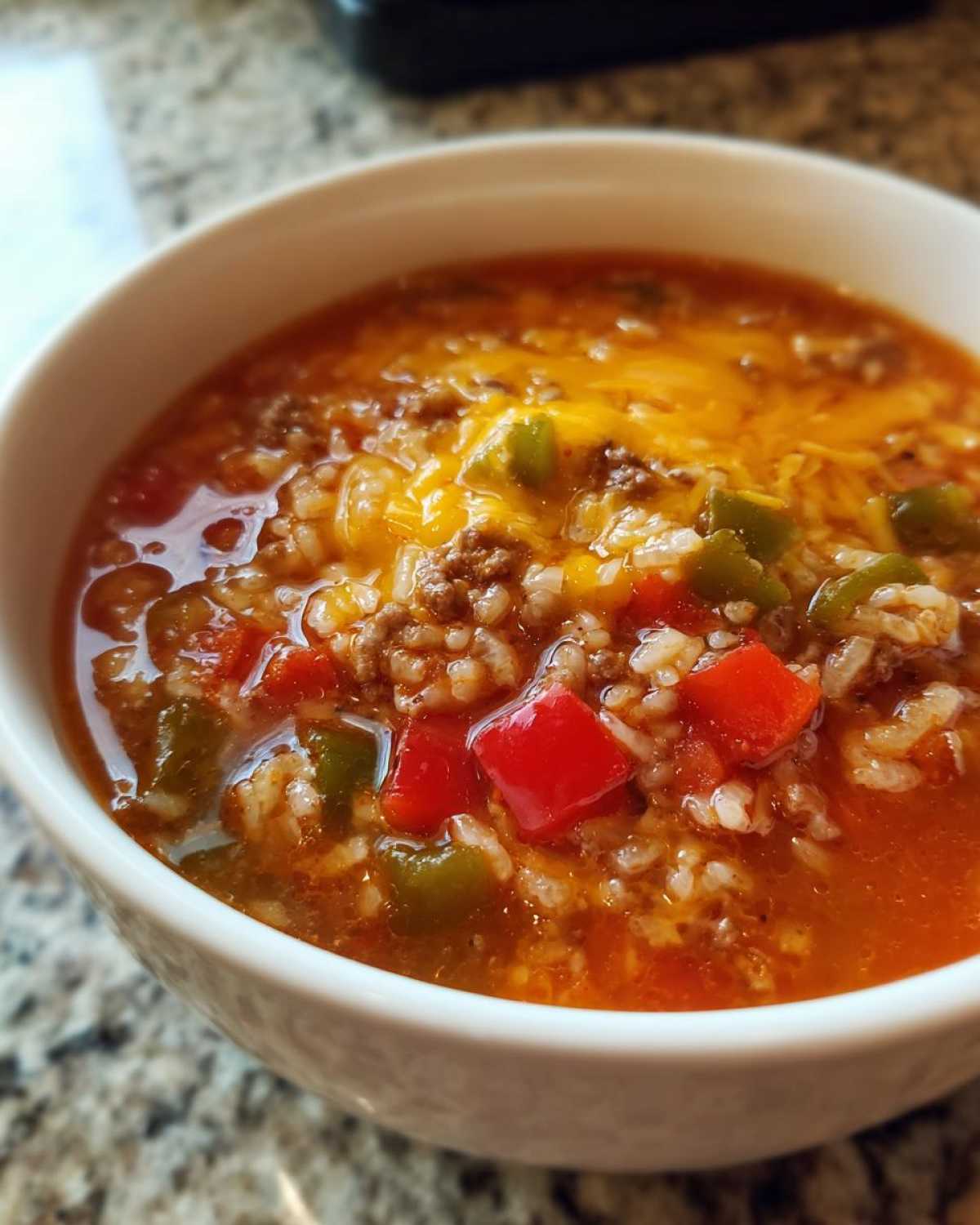 Close-up of a white bowl filled with hot stuffed pepper soup, featuring ground meat, rice, peppers, and melted cheddar cheese.