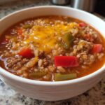 A close-up of a white bowl filled with hearty stuffed pepper soup, featuring ground beef, rice, peppers, and melted cheddar cheese.