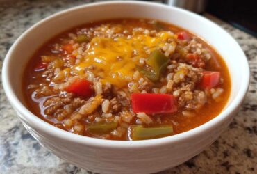 A close-up of a white bowl filled with hearty stuffed pepper soup, featuring ground beef, rice, peppers, and melted cheddar cheese.