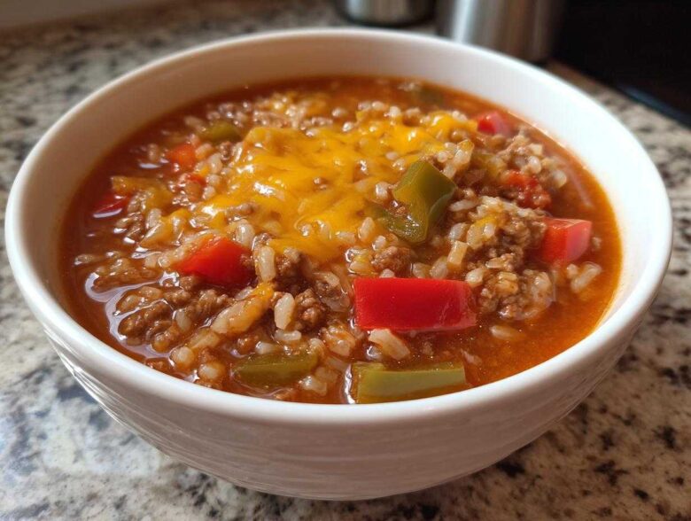 A close-up of a white bowl filled with hearty stuffed pepper soup, featuring ground beef, rice, peppers, and melted cheddar cheese.