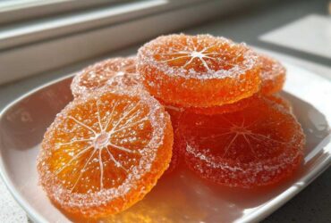 Close-up of glistening, bright orange candied orange slices heavily coated in white sugar crystals.
