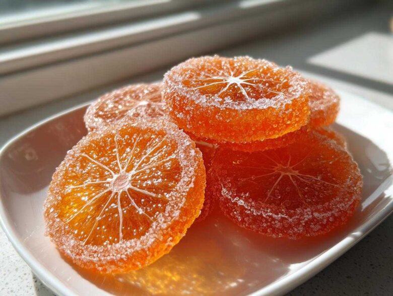 Close-up of glistening, bright orange candied orange slices heavily coated in white sugar crystals.