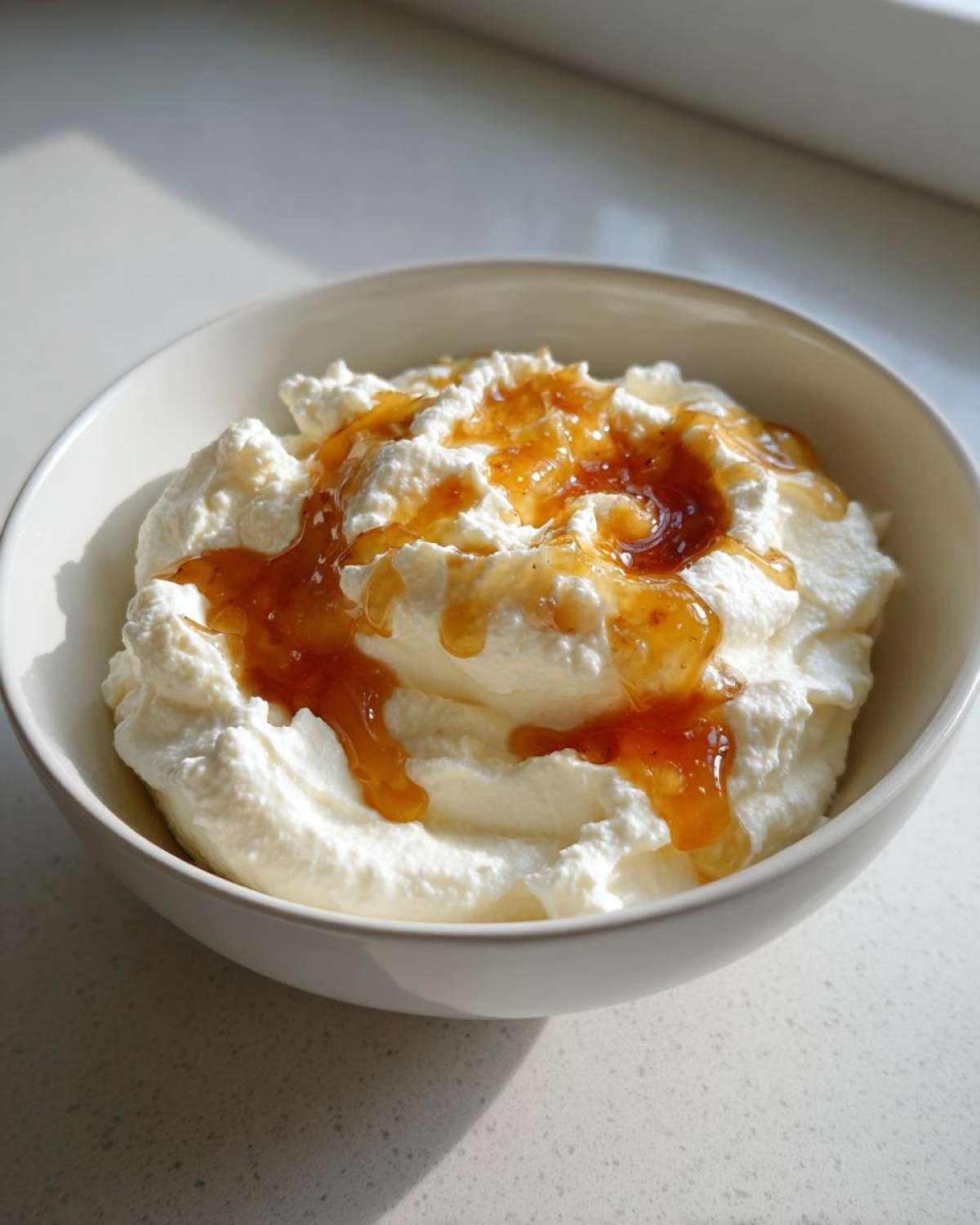 A white bowl filled with fluffy ricotta dip, drizzled generously with amber-colored apricot jam.