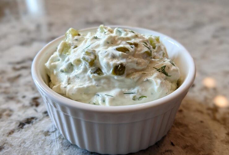 A close-up of creamy, chunky homemade tartar sauce recipe served in a small white fluted ramekin.