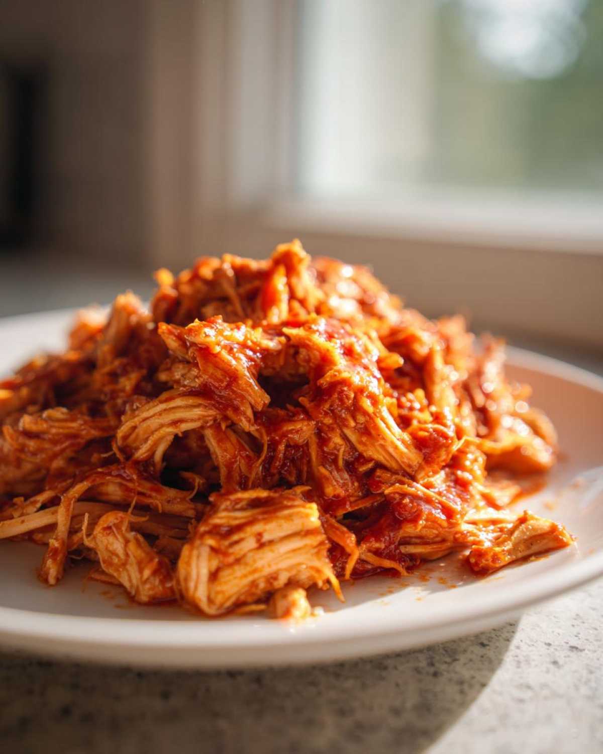 Close-up of tender pulled chicken coated in barbecue sauce piled high on a white plate.
