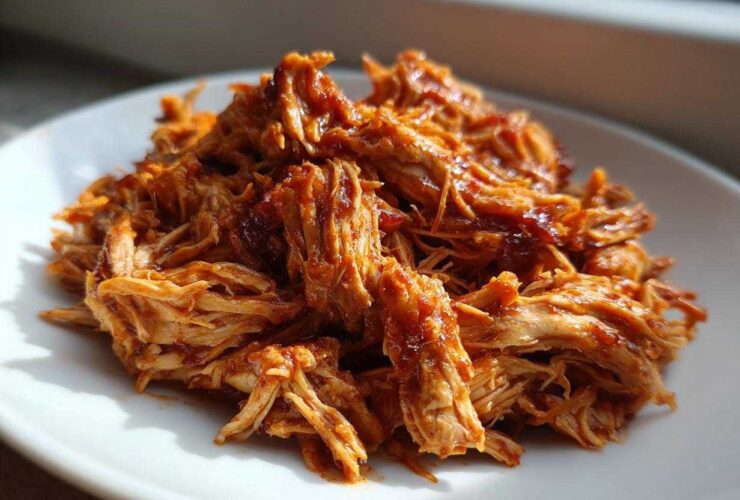 Close-up of tender, saucy pulled chicken piled high on a white plate, ready to serve.