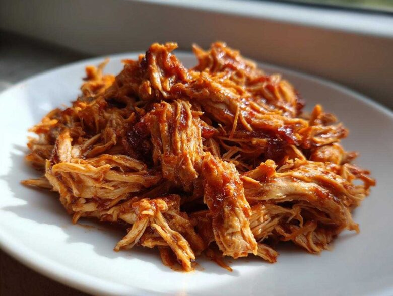 Close-up of tender, saucy pulled chicken piled high on a white plate, ready to serve.
