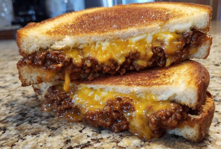 Close-up of a cheesy texas toast sloppy joes sandwich cut in half, showing melted cheddar and ground beef filling.