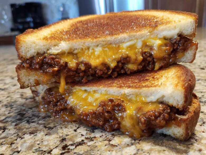 Close-up of a cheesy texas toast sloppy joes sandwich cut in half, showing melted cheddar and ground beef filling.