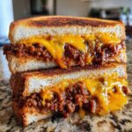 Close-up of two halves of a grilled sandwich filled with sloppy joe meat and dripping melted cheddar cheese on texas toast.