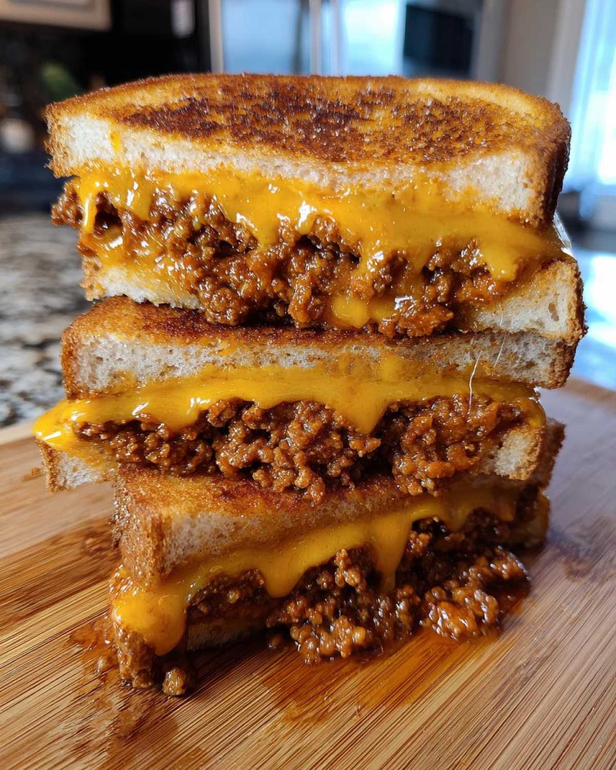 Two halves of a stacked sandwich filled with sloppy joe meat and melted cheddar cheese on grilled texas toast.