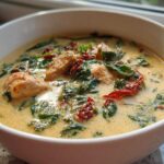Close-up of a hearty bowl of tuscan chicken soup featuring chicken pieces, spinach, and sun-dried tomatoes in a creamy broth.