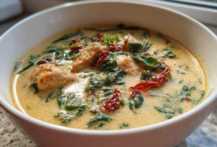 Close-up of a hearty bowl of tuscan chicken soup featuring chicken pieces, spinach, and sun-dried tomatoes in a creamy broth.