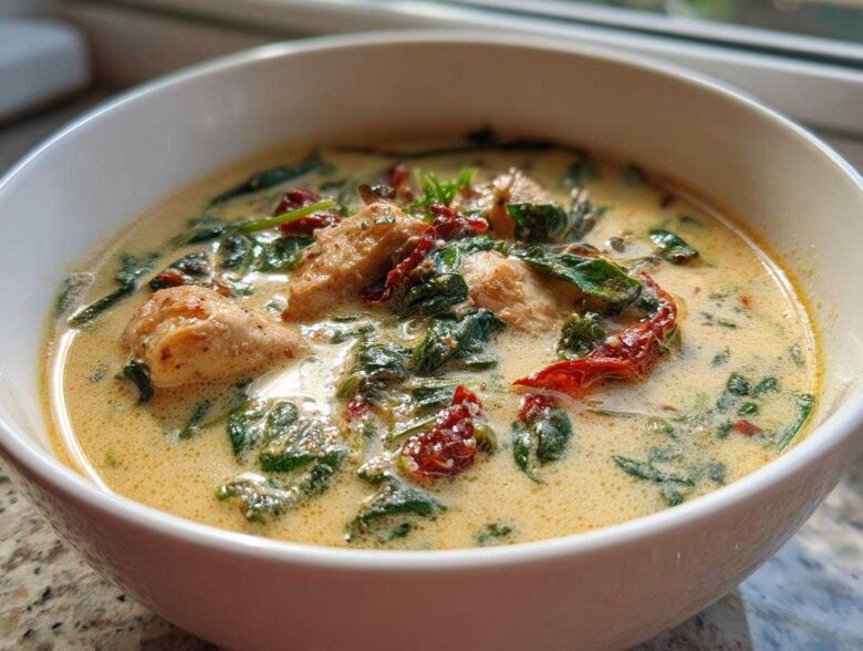 Close-up of a hearty bowl of tuscan chicken soup featuring chicken pieces, spinach, and sun-dried tomatoes in a creamy broth.