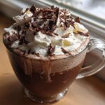 A clear glass mug filled with rich boozy hot chocolate, topped high with whipped cream and dark chocolate shavings.