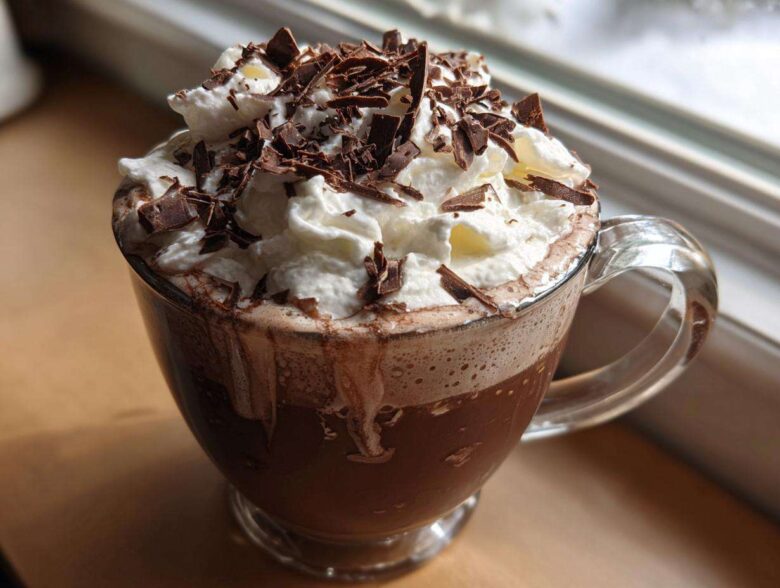 A clear glass mug filled with rich boozy hot chocolate, topped high with whipped cream and dark chocolate shavings.