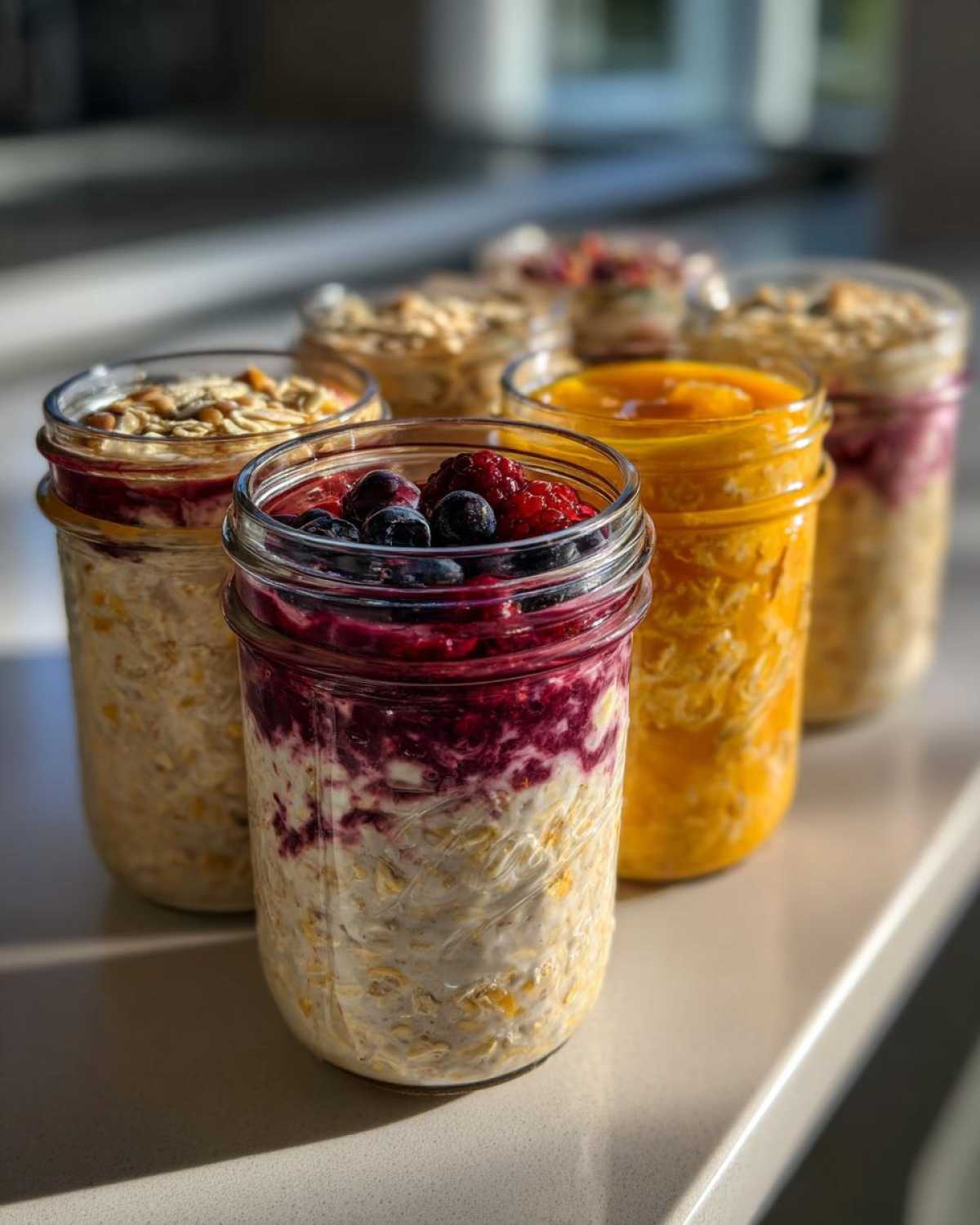 A close-up of several mason jars filled with different flavors of overnight oats, topped with fruit.