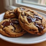 Close-up of three freshly baked vegan chocolate chip cookies with gooey, melted chocolate pools on a white plate.