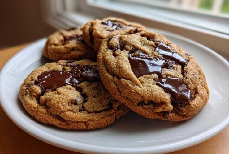 Close-up of three freshly baked vegan chocolate chip cookies with gooey, melted chocolate pools on a white plate.